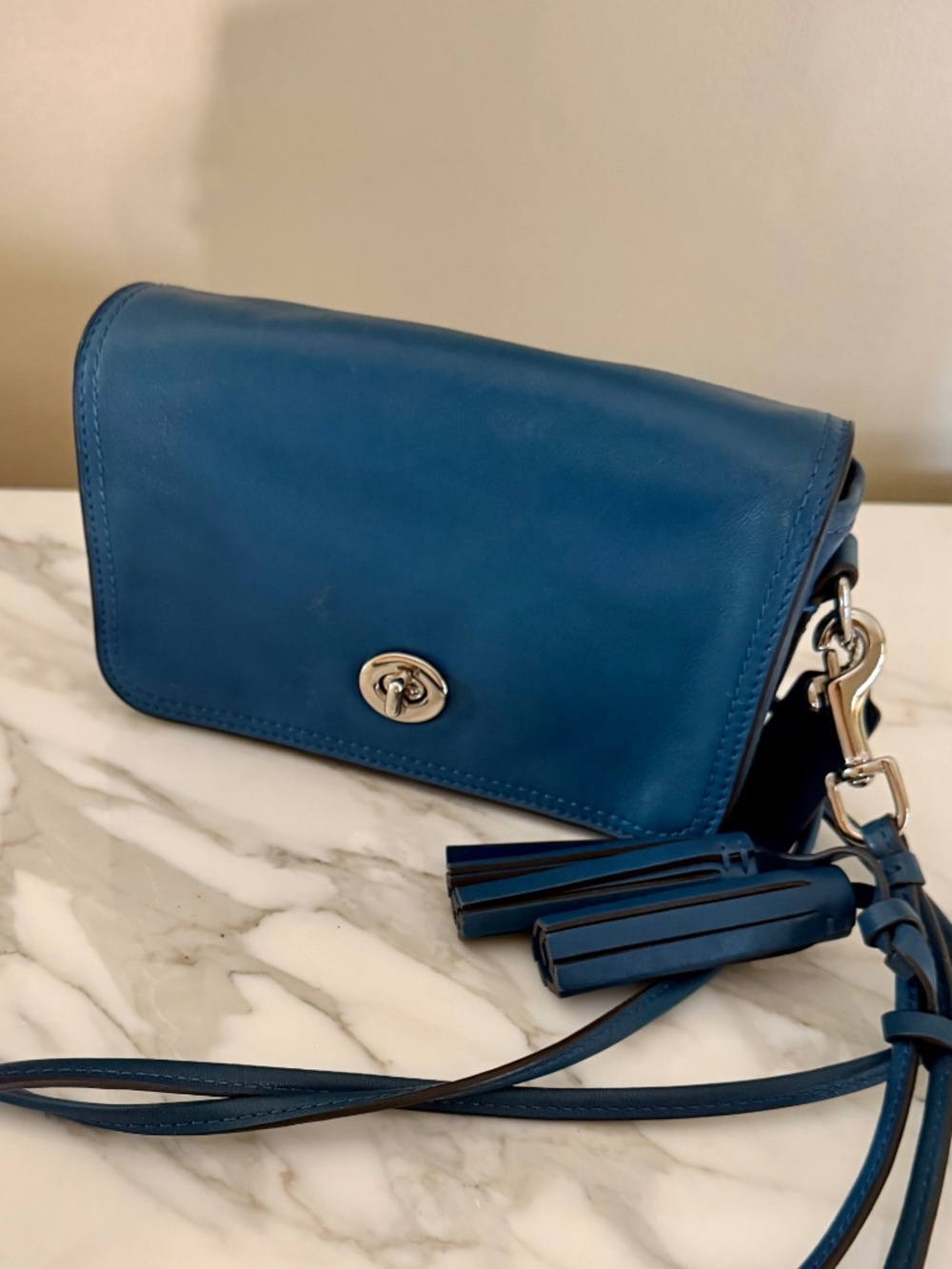 Coach Teal Blue Leather Turnlock Crossbody with double tassels - Picture 7 of 11